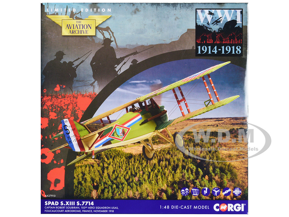 SPAD S.XIII Aircraft "Captain Robert Soubiran, 103rd Aero Squadron USAS, Foucaucourt Aerodrome, France" (1918) United States Army Air Service "The Aviation Archive" Series 1/48 Diecast Model by Corgi diecast model
