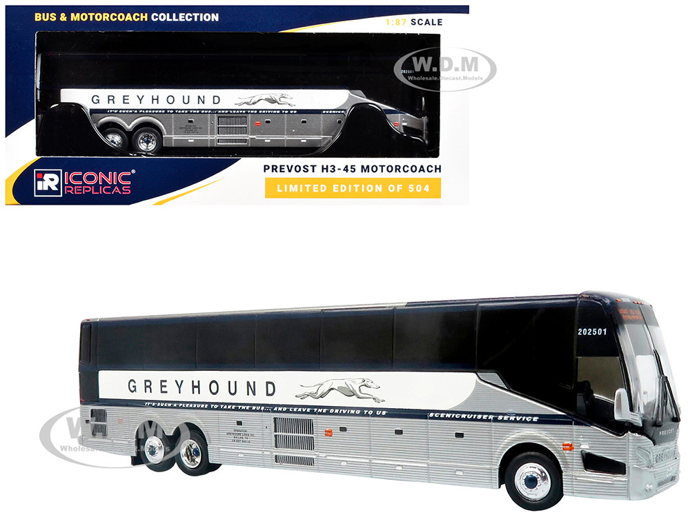 Prevost H3-45 Coach Bus "Greyhound Scenicruiser Service" White and Raw Metal "The Bus & Motorcoach Collection" Limited Edition to 504 pieces Worldwide 1/87 (HO) Diecast Model by Iconic Replicas diecast model