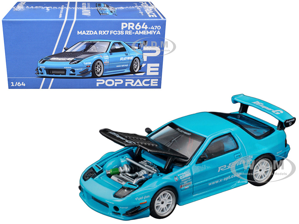 Mazda RX7 (FC3S) RE Amemiya RHD (Right Hand Drive) Light Blue with Carbon Hood "Tokyo Auto Salon 2026" 1/64 Diecast Model Car by Pop Race diecast model