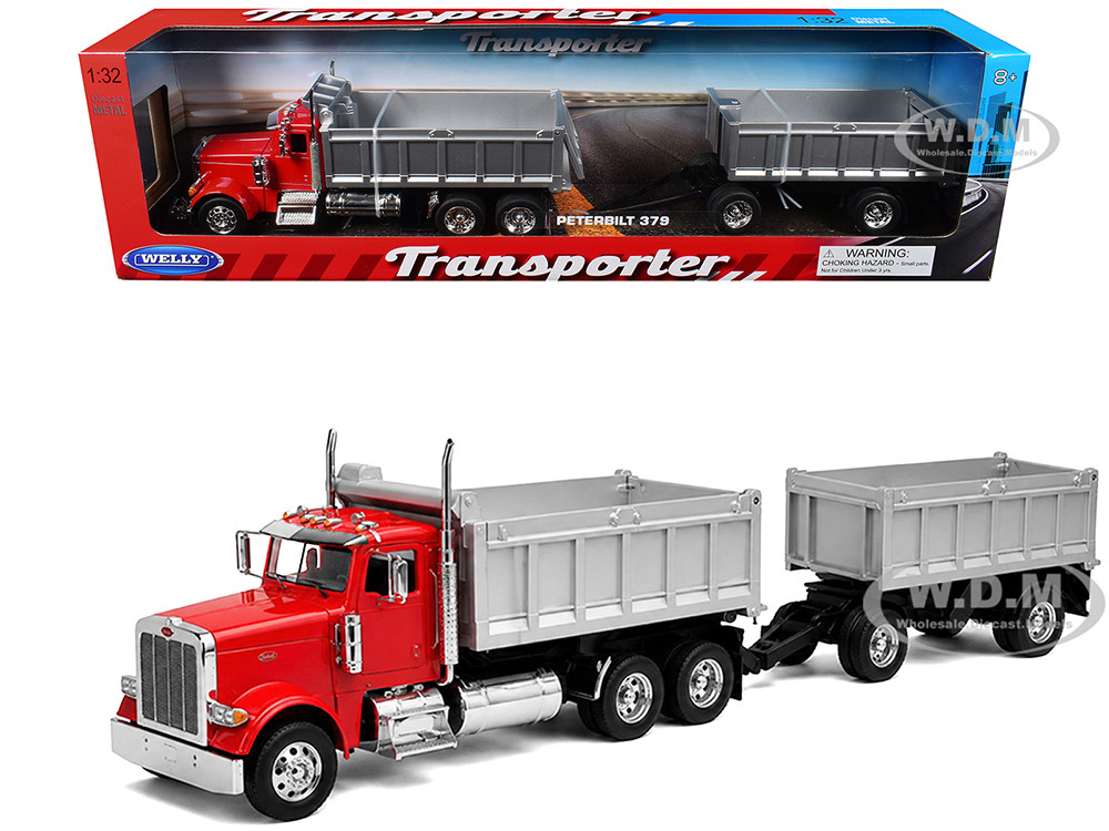 Peterbilt 379 Dump Truck Red with Gray Double Dump Trailer "Transporter" Series 1/32 Diecast Model by Welly diecast model