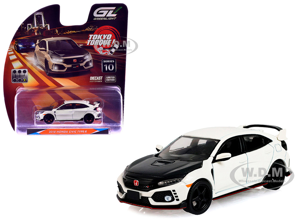 2018 Honda Civic Type-R (FK8) RHD (Right Hand Drive) Championship White with Carbon Hood "Tokyo Torque" Series 10 1/64 Diecast Model Car by Greenlight diecast model