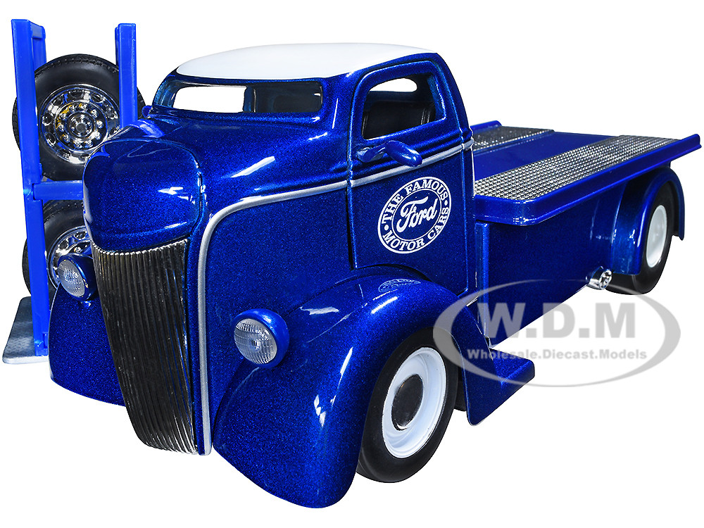 1947 Ford COE Flatbed Truck Dark Blue Metallic with White Top "The Famous Motor Cars" with Extra Wheels "Just Trucks" Series 1/24 Diecast Model by Jada diecast model