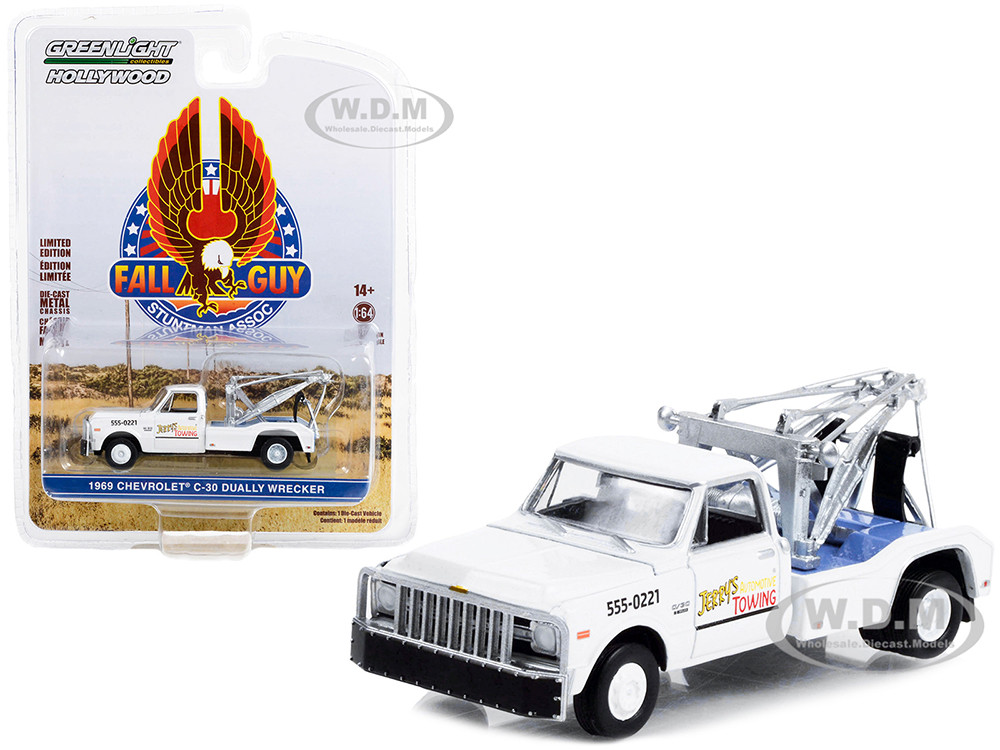 1969 Chevrolet C-30 Dually Wrecker Tow Truck White "Jerrys Towing" "Fall Guy Stuntman Association" Hollywood Special Edition 1/64 Diecast Model Car by Greenlight diecast model