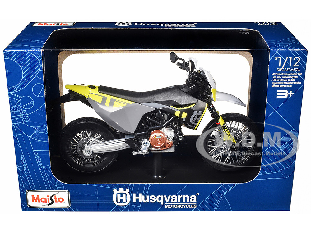 2023 Husqvarna 701 Supermoto Motorcycle Matt Black and Gray with Yellow and White Accents with Display Base 1/12 Diecast Model by Maisto diecast model