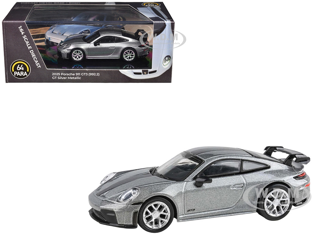 2025 Porsche 911 GT3 (992.2) GT Silver Metallic with Carbon Stripe 1/64 Diecast Model Car by Paragon Models diecast model