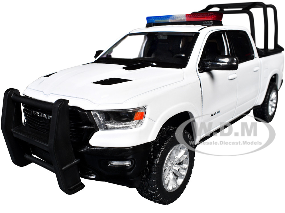 2019 RAM 1500 Laramie Crew Cab Pickup Truck with Bed Cage White with Flashing Light Bar and Front and Rear Lights and Sounds 1/27 Diecast Model Car by Motormax diecast model