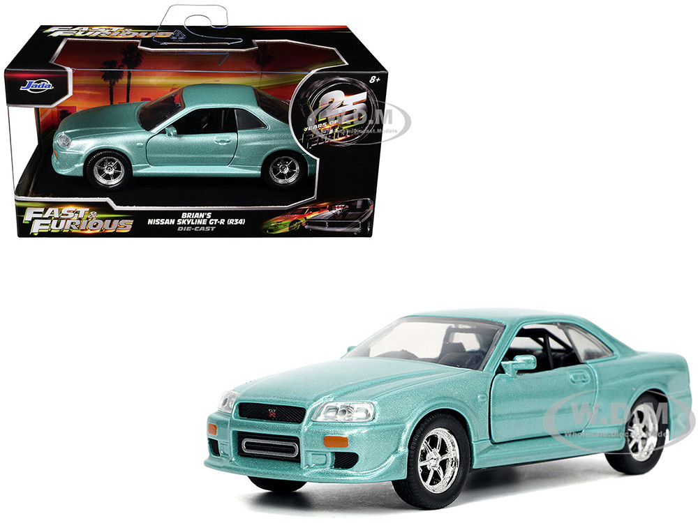 Brian's Nissan Skyline GT-R (BNR34) RHD (Right Hand Drive) Turquoise Metallic "Fast & Furious" Movie 1/32 Diecast Model Car by Jada diecast model