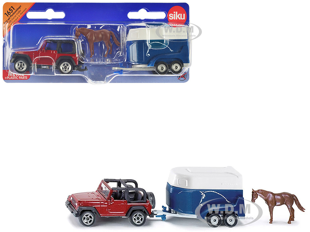 Jeep Red with Horse Trailer Blue and Horse Accessory Diecast Model by Siku diecast model