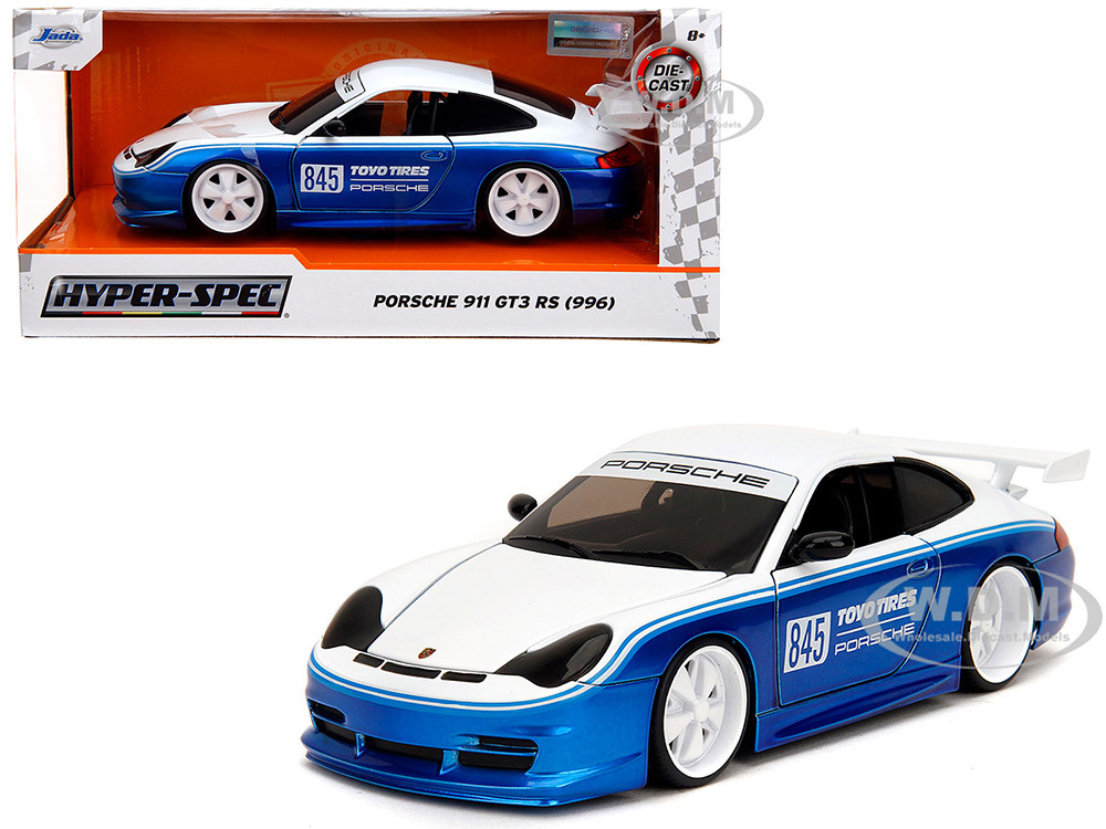 Porsche 911 GT3 RS (996) #845 White and Blue Metallic "Toyo Tires" "Hyper-Spec" Series 1/24 Diecast Model Car by Jada diecast model