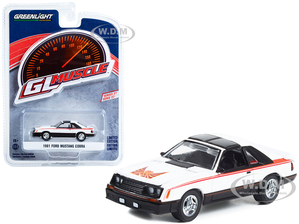 1981 Ford Mustang Cobra Polar White and Black with Red Stripes "Greenlight Muscle" Series 27 1/64 Diecast Model Car by Greenlight diecast model