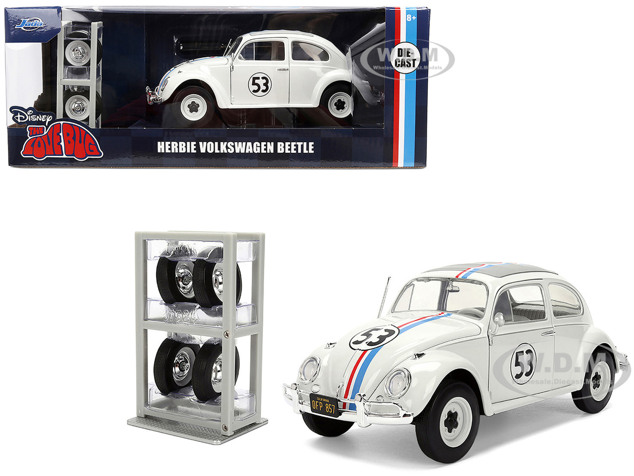 Volkswagen Beetle #53 "Herbie" White with Stripes "The Love Bug" (1968) Movie with Extra Wheels 1/24 Diecast Model Car by Jada diecast model