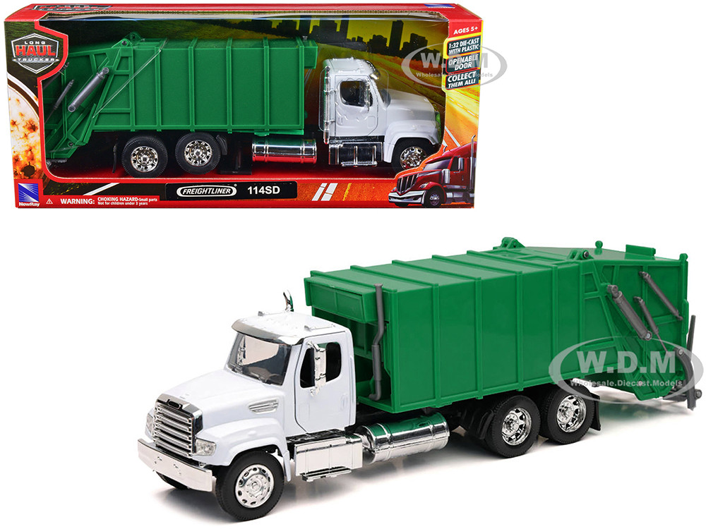 Freightliner 114SD Garbage Truck White and Green "Long Haul Trucker" Series 1/32 Diecast Model by New Ray diecast model