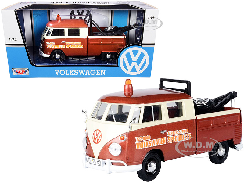 Volkswagen Type 2 (T1) Tow Truck "Volkswagen Specialists" Brown Metallic and Cream 1/24 Diecast Model Car by Motormax diecast model