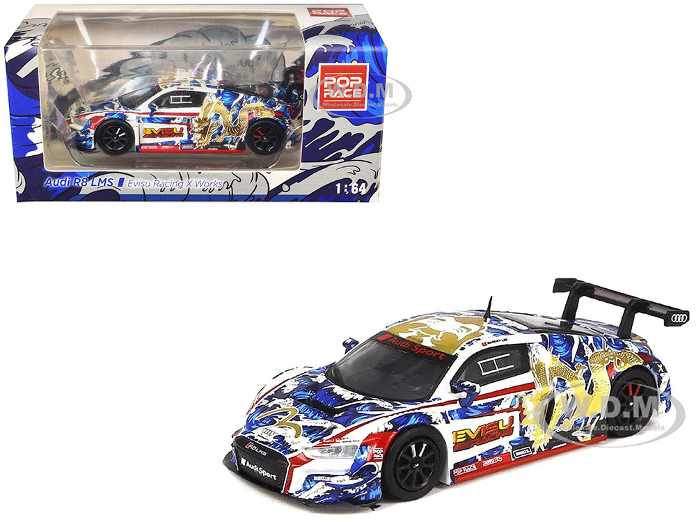 Audi R8 LMS "Evisu Racing X Works" White with Graphics 1/64 Diecast Model Car by Pop Race diecast model
