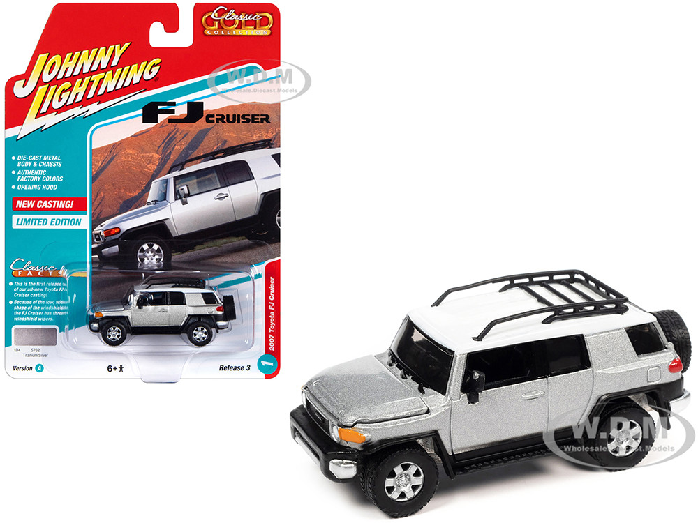 2007 Toyota FJ Cruiser Titanium Silver Metallic with White Top and Roofrack "Classic Gold Collection" Series Limited Edition 1/64 Diecast Model Car by Johnny Lightning diecast model