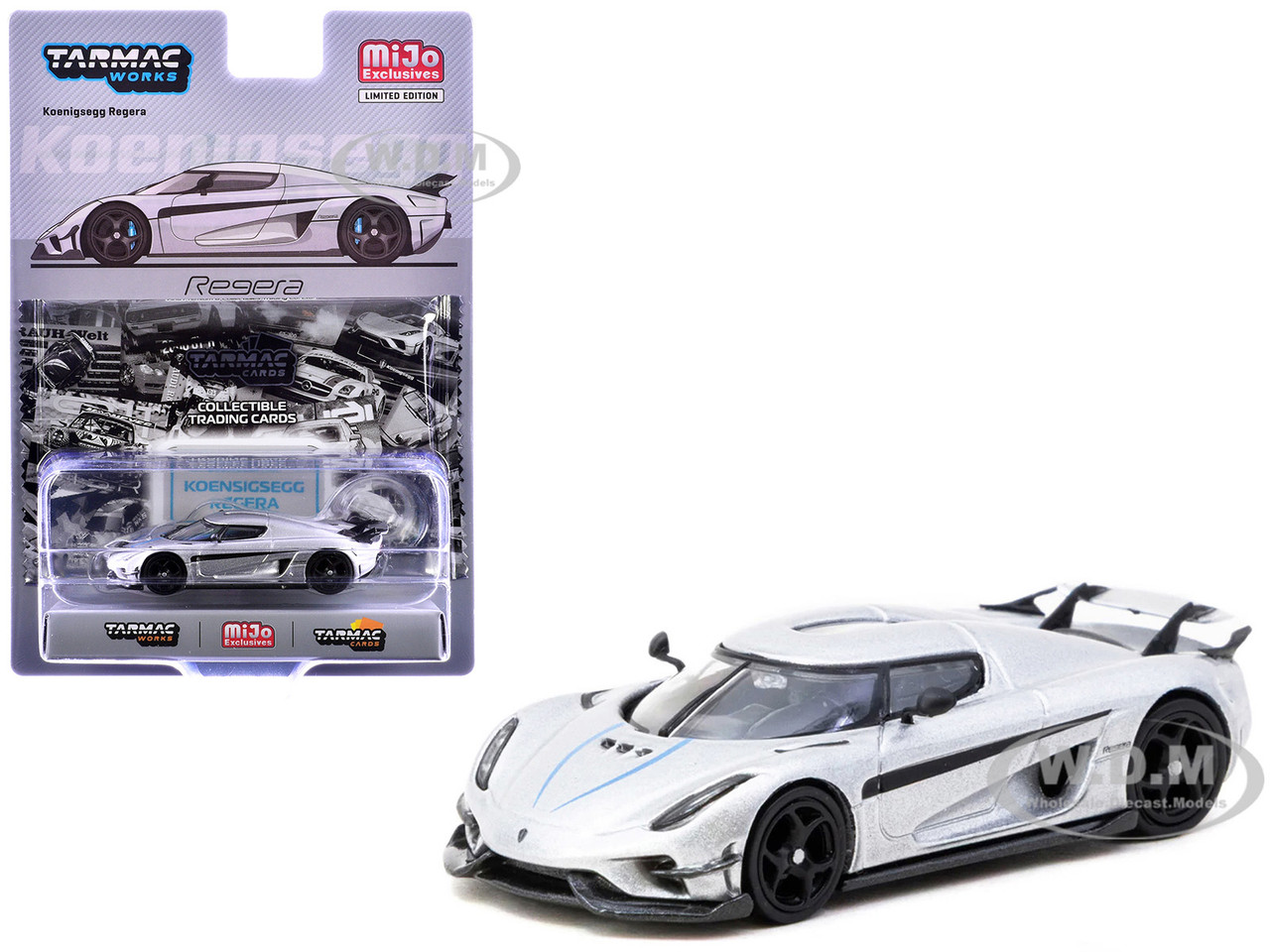 Koenigsegg Regera Silver Metallic with Blue Accents and Collectible Tarmac Cards "Global64" Series 1/64 Diecast Model by Tarmac Works diecast model