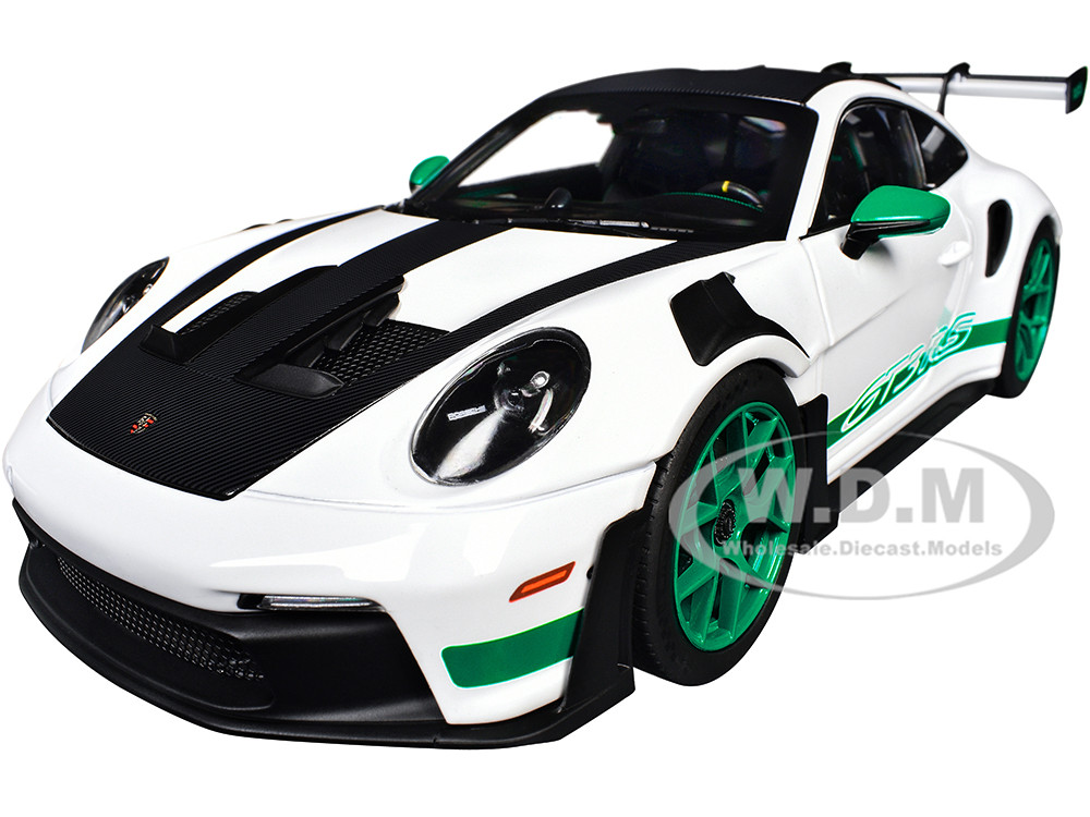 2022 Porsche 911 GT3 RS Weissach Pack White with Green Stripes And Carbon Hood and Top 1/18 Diecast Model Car by Norev diecast model
