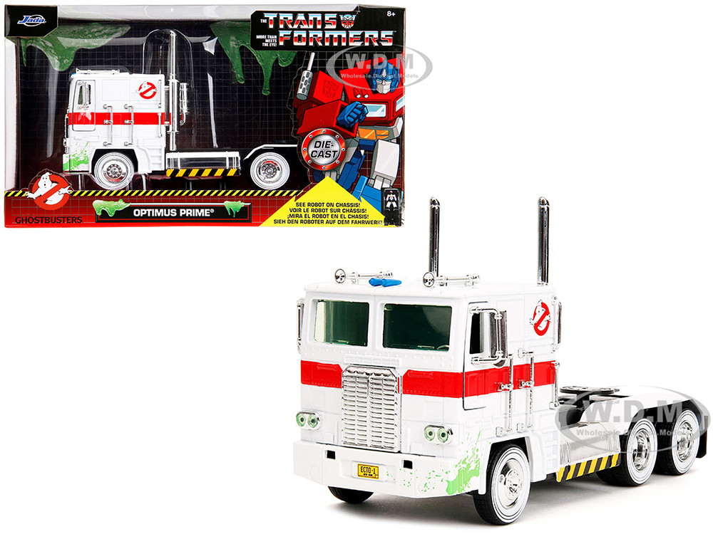 G1 Autobot Optimus Prime Truck White with Robot on Chassis from "Transformers" TV Series - "Ghostbusters" (1984) Movie Crossover "Hollywood Rides" Series 1/24 Diecast Model by Jada diecast model