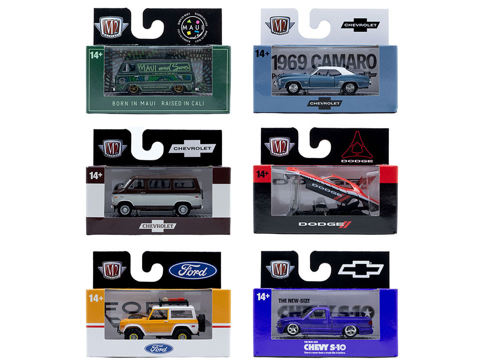 "Auto Meets" Set of 6 Cars IN DISPLAY CASES Release 96 Limited Edition 1/64 Diecast Model Cars by M2 Machines diecast model