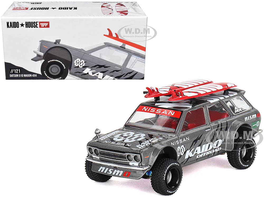 Datsun Kaido 510 Wagon 4x4 RHD (Right Hand Drive) "Kaido Offroad V1" Gray Metallic with Red Interior and Surfboards on Roof (Designed by Jun Imai) "Kaido House" Special 1/64 Diecast Model Car by Mini GT diecast model