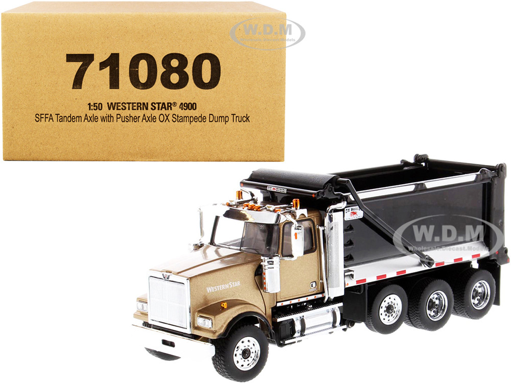 Western Star 4900 SFFA Tandem with Pusher Axle OX Stampede Dump Truck Gold and Black "Transport Series" 1/50 Diecast Model by Diecast Masters diecast model