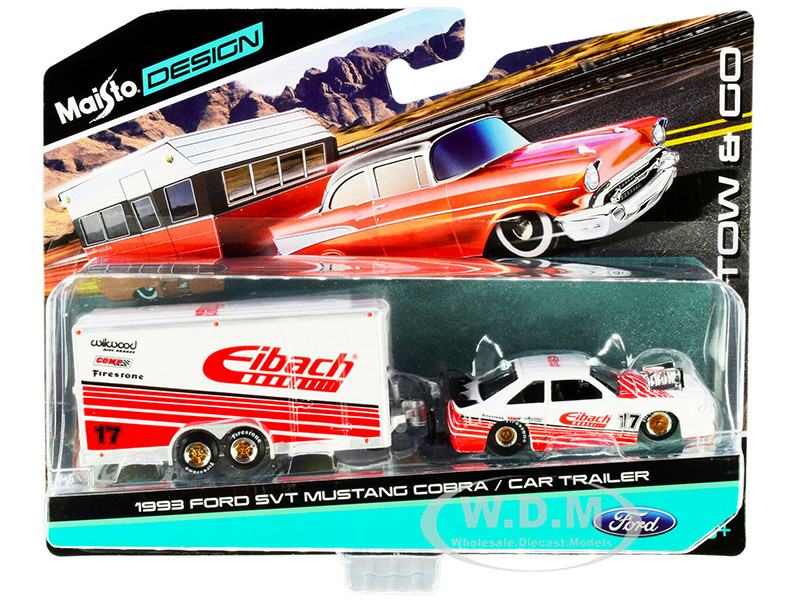 1993 Ford SVT Mustang Cobra #17 with Enclosed Car Trailer "Eibach" White with Red Stripes "Tow & Go" Series 1/64 Diecast Model Cars by Maisto diecast model