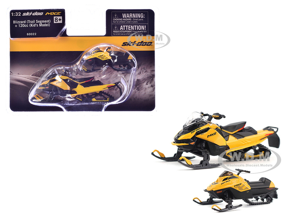 Ski-Doo MXZ Blizzard (Trail Segment) Neo Yellow and Ski-Doo MXZ 120cc (Kid's Model) Neo Yellow Set of 2 Snowmobiles 1/32 Diecast Models by BRP Models diecast model
