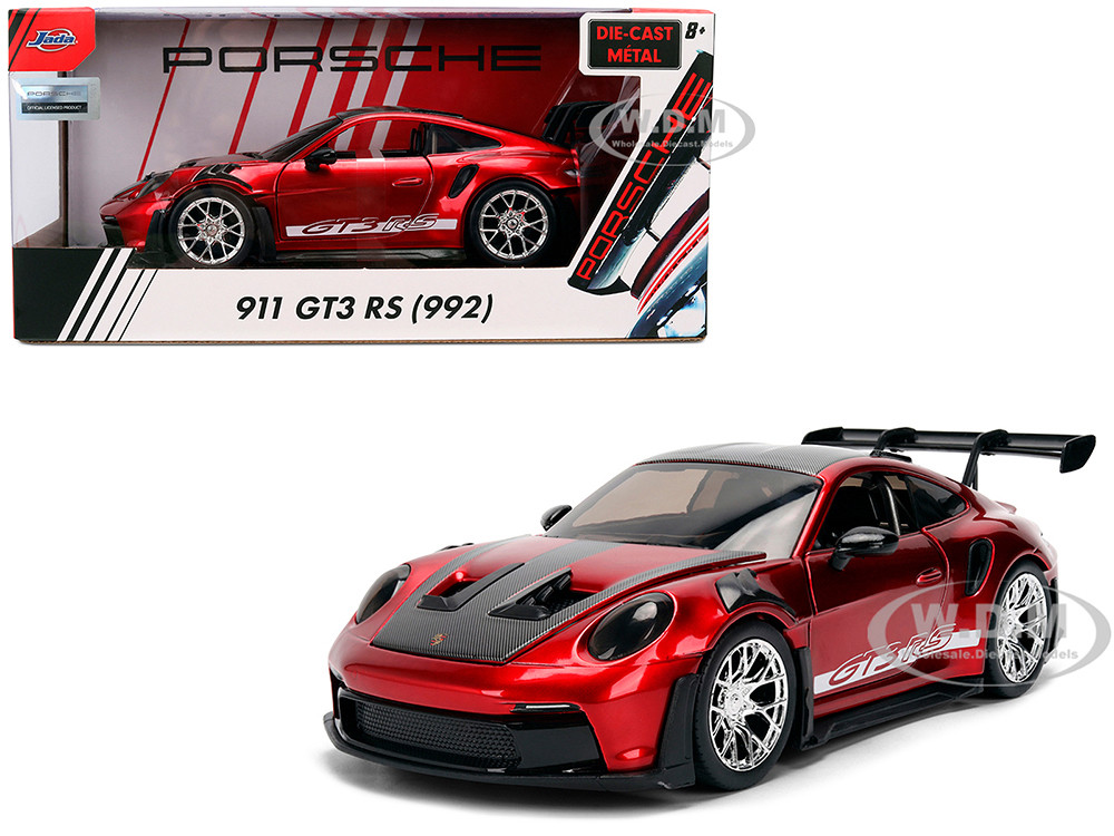 Porsche 911 (992) GT3 RS Red Chrome with Carbon Top and Hood Stripes "Hyper-Spec" Series 1/24 Diecast Model Car by Jada diecast model