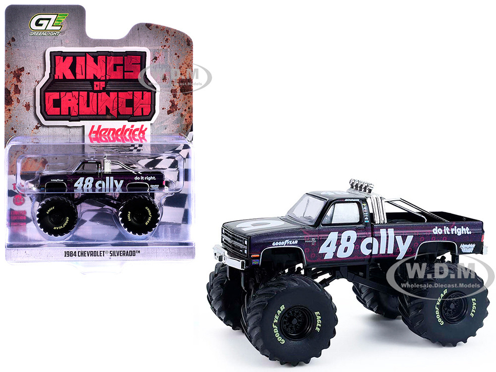1984 Chevrolet Silverado Monster Truck #48 "Ally" Black and Purple with Graphics "Kings of Crunch - Hendrick Motorsports Tribute" Special Edition 1/64 Diecast Model Car by Greenlight diecast model