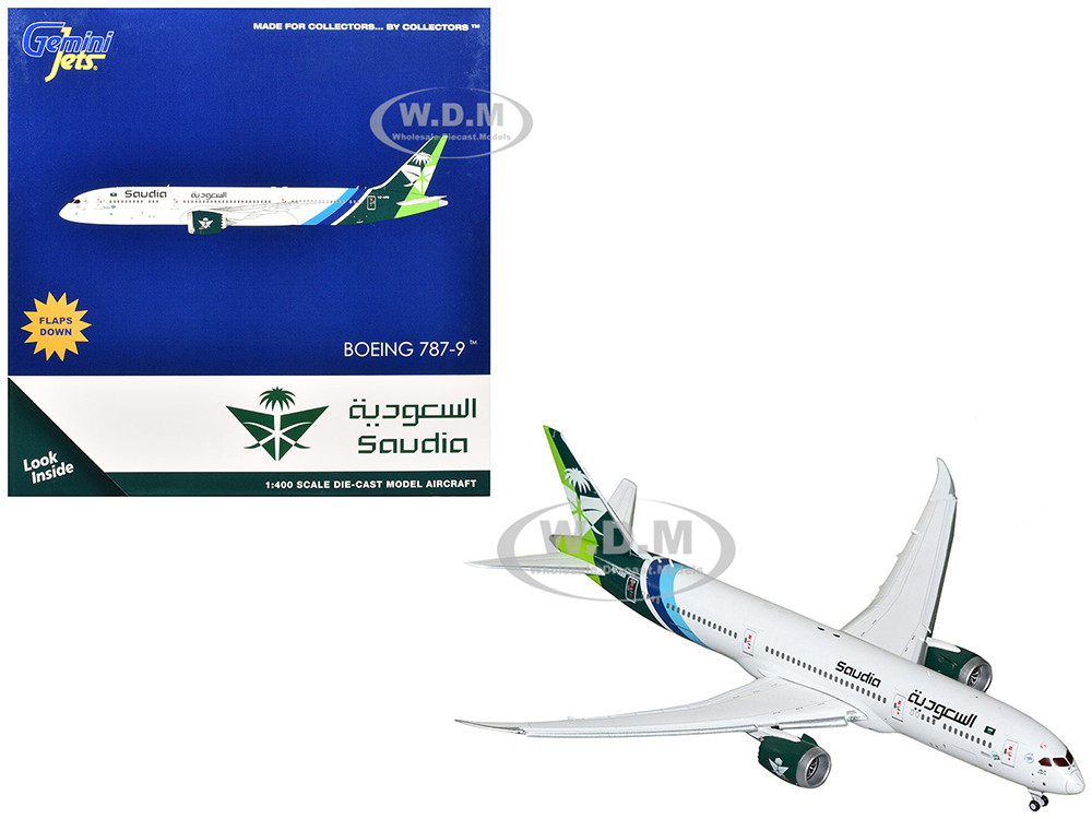 Boeing 787-9 Commercial Aircraft with Flaps Down "Saudia Airline" (HZ-ARB) White with Tail Graphics 1/400 Diecast Model Airplane by GeminiJets diecast model