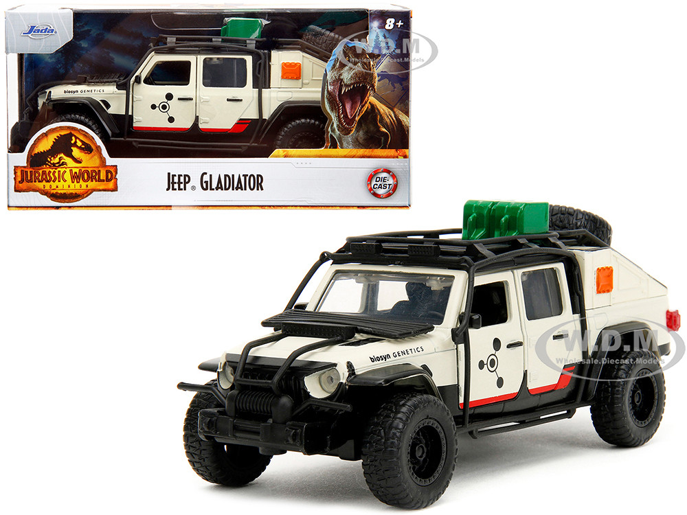 Jeep Gladiator Pickup Truck with Equipment Shell Beige with Graphics "Biosyn Genetics" "Jurassic World Dominion" (2022) Movie "Hollywood Rides" Series 1/32 Diecast Model Car by Jada diecast model