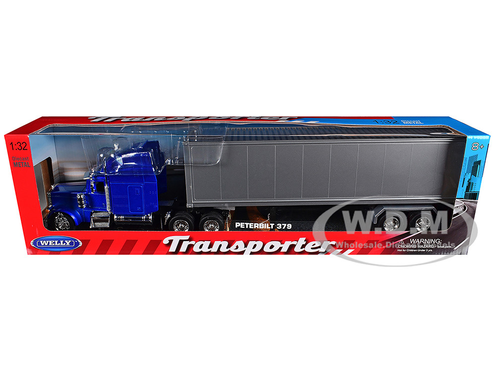 Peterbilt 379 Truck Blue Metallic with Silver Container "Transporter" Series 1/32 Diecast Model by Welly diecast model