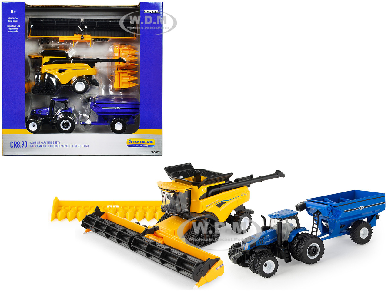 New Holland T8.410 Genesis Tractor Blue with J&M Grain Car and New Holland CR8.90 Combine Yellow Set of 3 pieces "New Holland Agriculture" Series 1/64 Diecast Models by ERTL TOMY diecast model