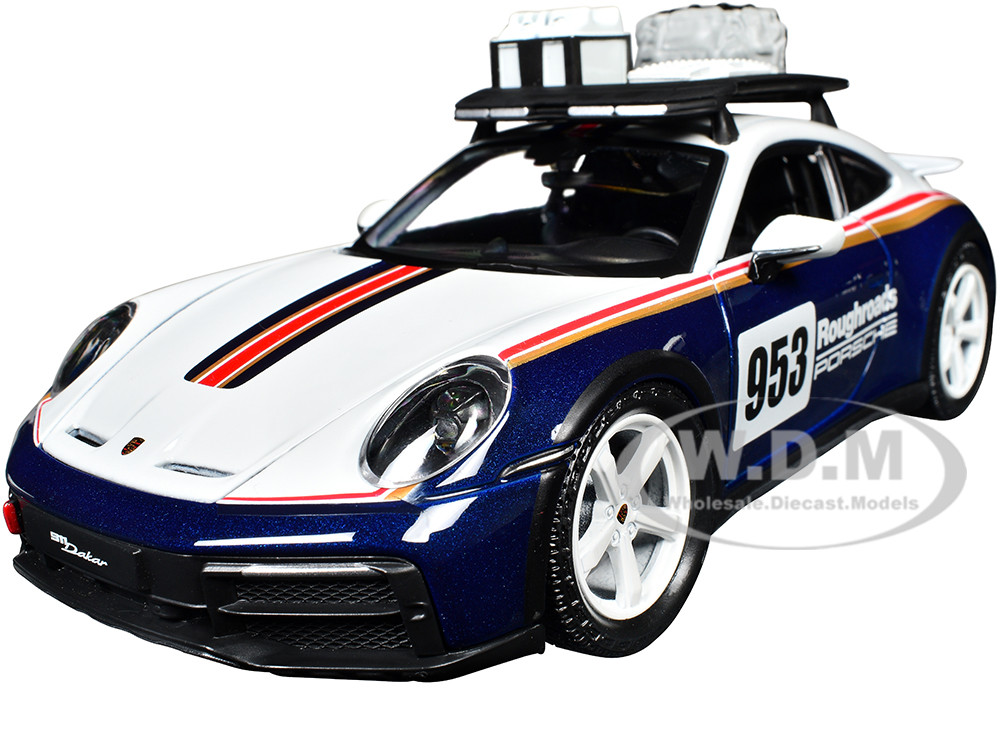 Porsche 911 Dakar #953 "Roughroads Porsche" Blue and White with Stripes and Roof Rack "Race" Series 1/24 Diecast Model Car by Bburago diecast model