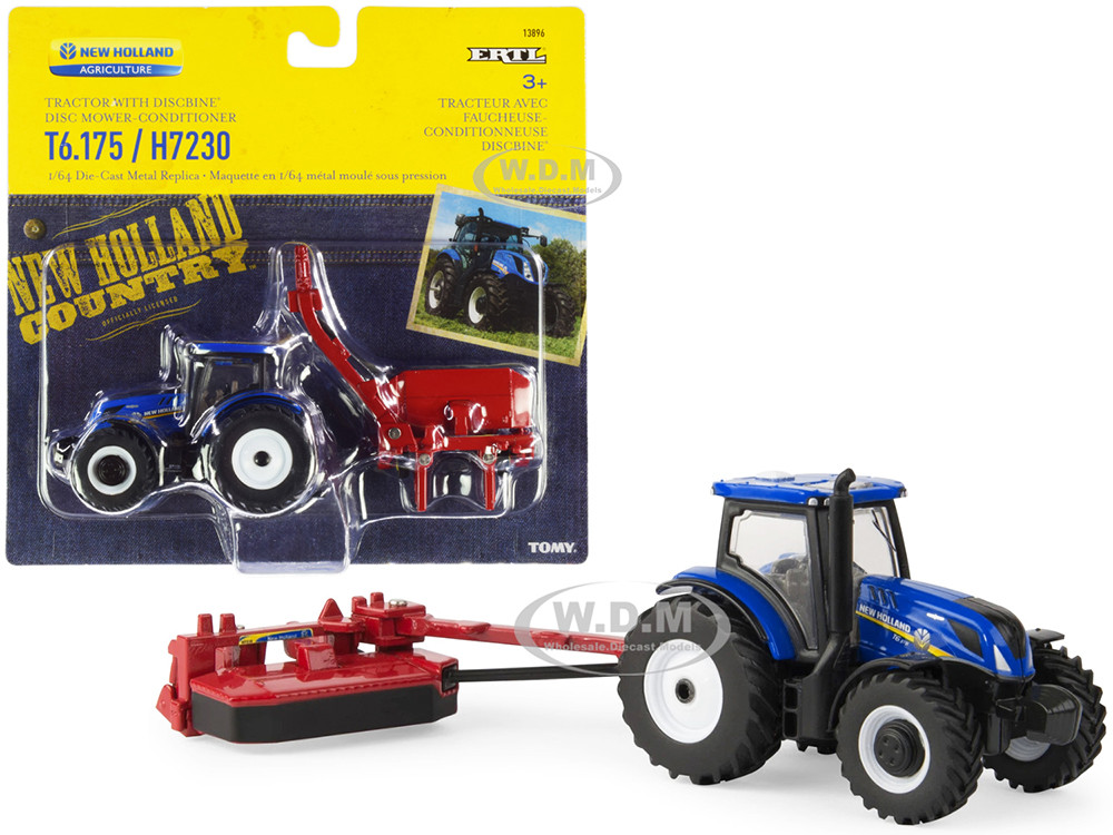 New Holland T6.175 Tractor Blue with New Holland H7230 Discbine Disc Mower-Conditioner Red Set of 2 pieces 1/64 Diecast Models by ERTL TOMY diecast model