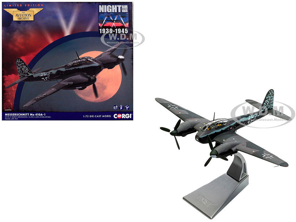 Messerschmitt Me 410A-1 Aircraft "U5+FE, Lt. Rudolf Abrahamczik, 14./KG.2, Laon-Athies Airfield, France" (1943) German Luftwaffe "The Aviation Archive" Series 1/72 Diecast Model by Corgi diecast model