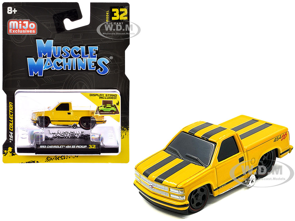 1993 Chevrolet 454 SS Pickup Truck Yellow with Black Stripes 1/64 Diecast Model Car by Muscle Machines diecast model