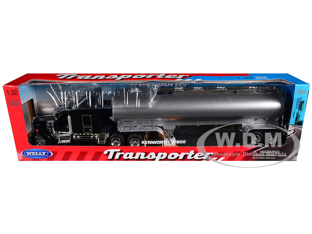 Kenworth W900 Truck Black with Silver Tanker Trailer "Transporter" Series 1/32 Diecast Model by Welly diecast model