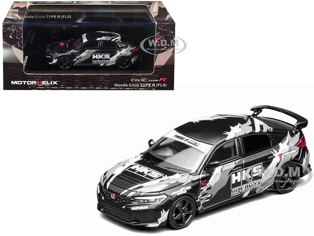 Honda Civic Type R (FL5) RHD (Right Hand Drive) "HKS" Matt Black with Graphics 1/64 Diecast Model Car by MotorHelix diecast model
