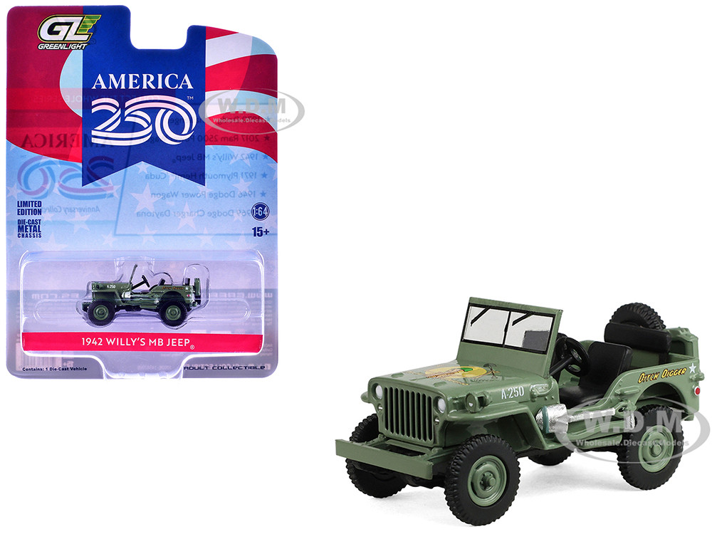 1942 Willys MB Jeep Olive Green "America 250 Edition" "Anniversary Collection" Series 18 1/64 Diecast Model Car by Greenlight diecast model