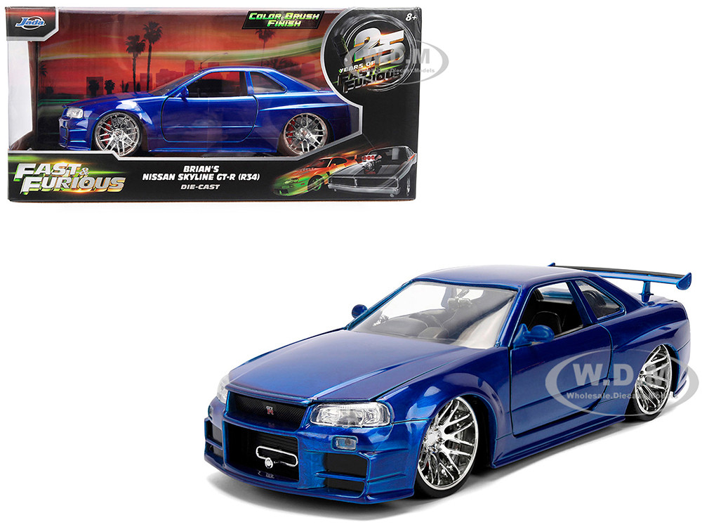 Brian's Nissan Skyline GT-R (R34) RHD (Right Hand Drive) Blue Color Brush Finish 25 Years of Fast & Furious Anniversary "2 Fast 2 Furious" (2003) Movie "Fast & Furious" Series 1/24 Diecast Model Car by Jada diecast model