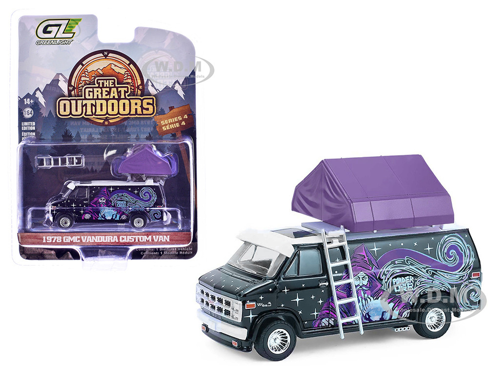 1978 GMC Vandura Custom Van Black with Wizard Graphics and White Top with Camp'otel Cartop Sleeper Tent "The Great Outdoors" Series 4 1/64 Diecast Model Car by Greenlight diecast model