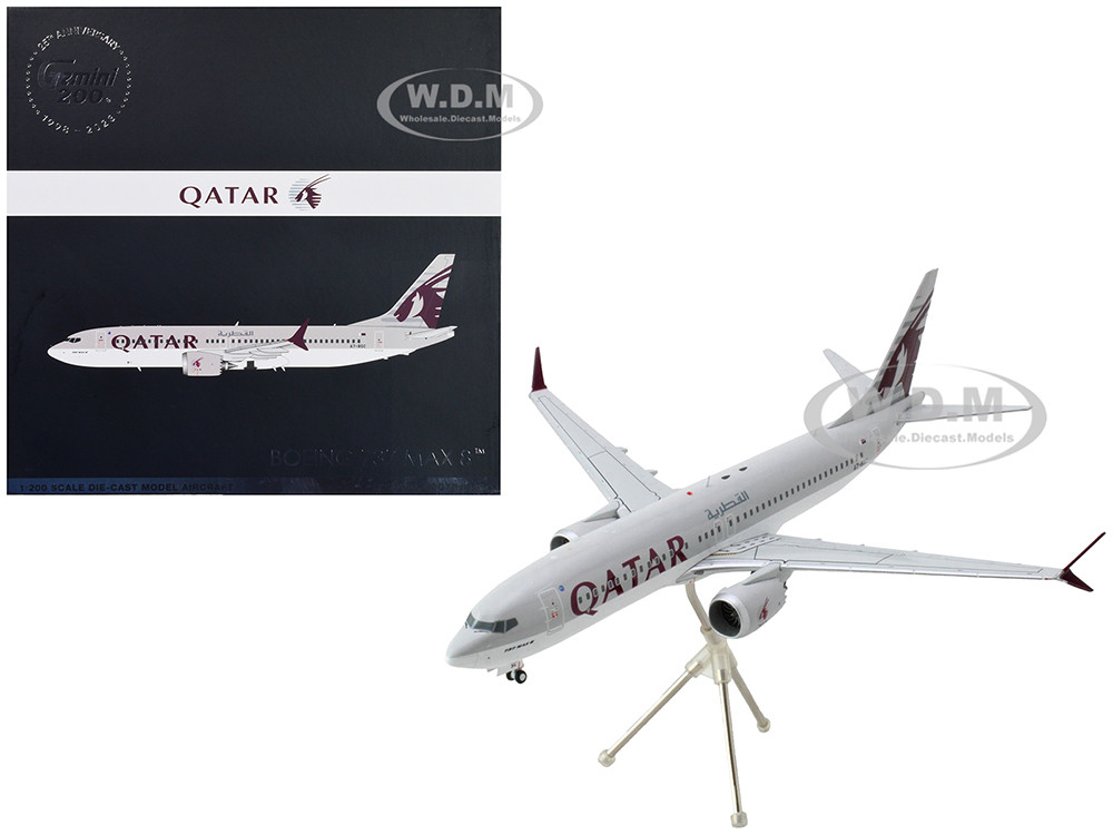 Boeing 737 MAX 8 Commercial Aircraft "Qatar Airways" Gray and White with Tail Graphics "Gemini 200" Series 1/200 Diecast Model Airplane by GeminiJets diecast model