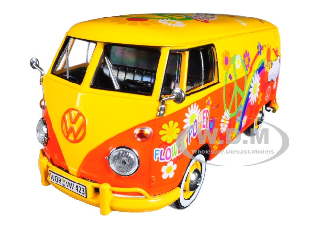 Volkswagen Type 2 (T1) Delivery Van "Flower Power" Yellow and Red 1/24 Diecast Model Car by Motormax diecast model