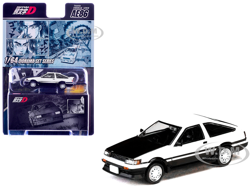 Toyota Corolla Levin (AE86) RHD (Right Hand Drive) White with Carbon Hood "Initial D" (1995-2013) Manga "Diorama Set Series" 1/64 Diecast Model Car by Hobby Japan diecast model