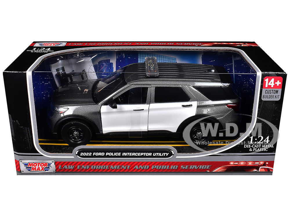 2022 Ford Police Interceptor Utility Gray Metallic with White Doors "Builder's Kit" with Flashing Light Bar and Front and Rear Lights and Sounds 1/24 Diecast Model Car by Motormax diecast model