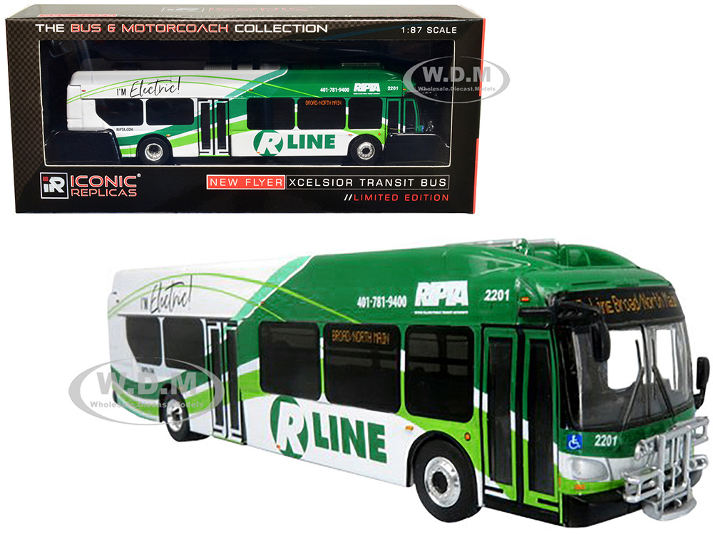 New Flyer Xcelsior Charge NG Electric Transit Bus RIPTA (Rhode Island Public Transit Authority) "R Line Broad/North Main" "The Bus & Motorcoach Collection" 1/87 (HO) Diecast Model by Iconic Replicas diecast model