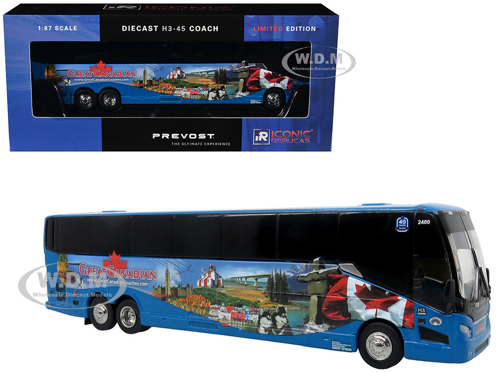 Prevost H3-45 Coach Bus "Great Canadian Coaches" Blue with Graphics Limited Edition 1/87 (HO) Diecast Model by Iconic Replicas diecast model