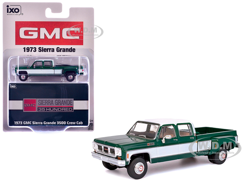 1973 GMC Sierra Grande 3500 Crew Cab Dually Pickup Truck Green and White 1/64 Diecast Model Car by IXO Models diecast model