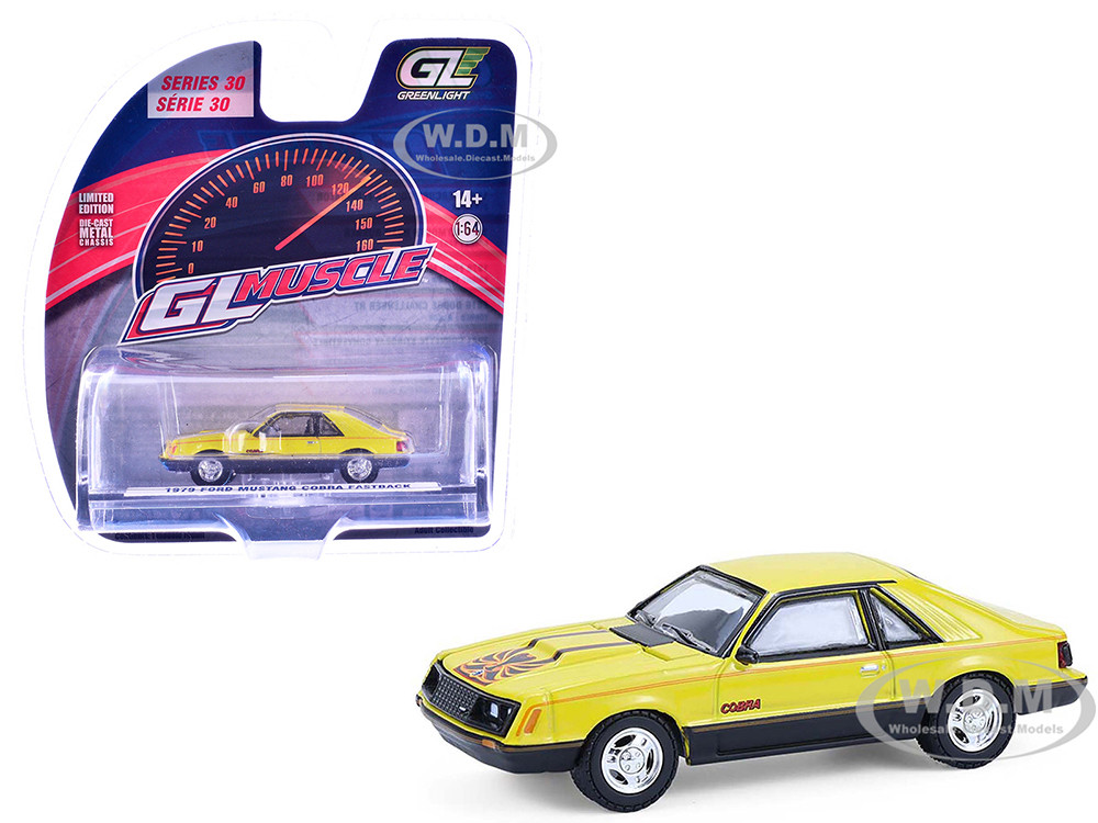 1979 Ford Mustang Cobra Fastback Bright Yellow with Cobra Good Graphics "GreenLight Muscle" Series 30 1/64 Diecast Model Car by Greenlight diecast model